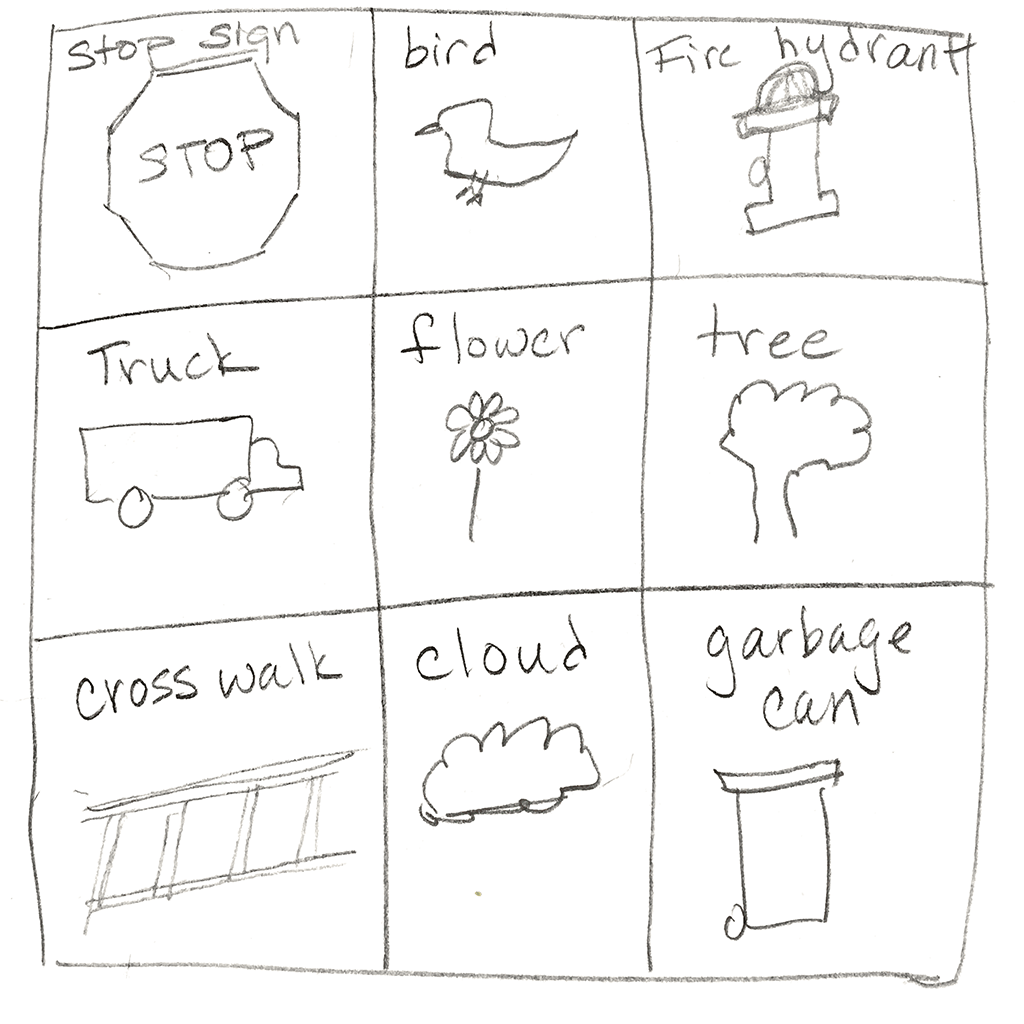 Drawing of a grid of nine squares, each contains a drawing: stop sign, garbage can, etc.